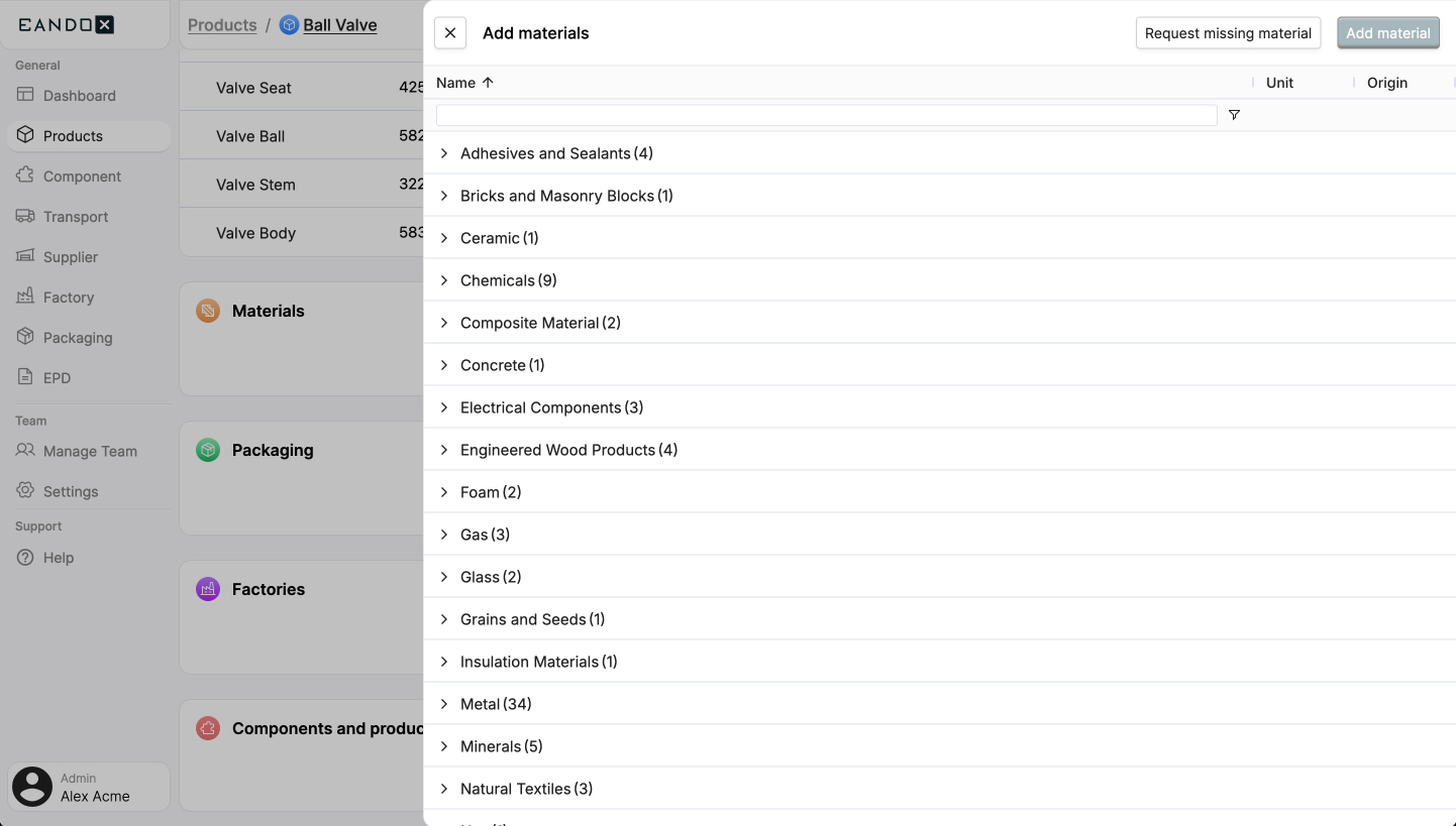 Image of the materials sidepanel