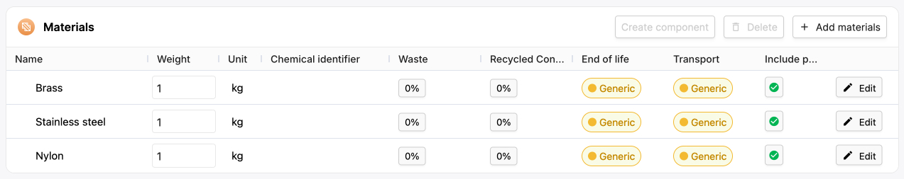 Image of the materials table