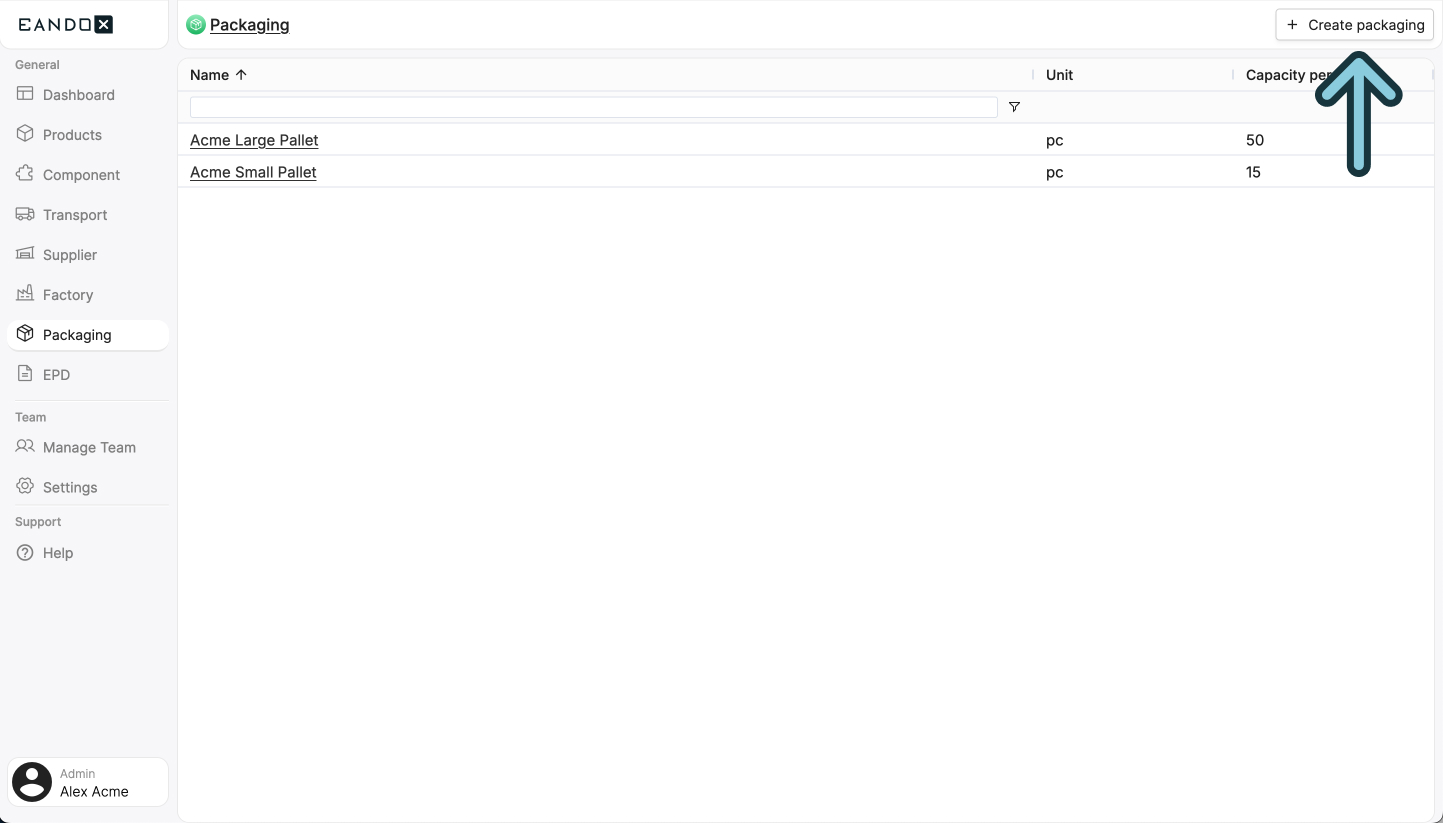 Image of the packaging page with the create packaging button