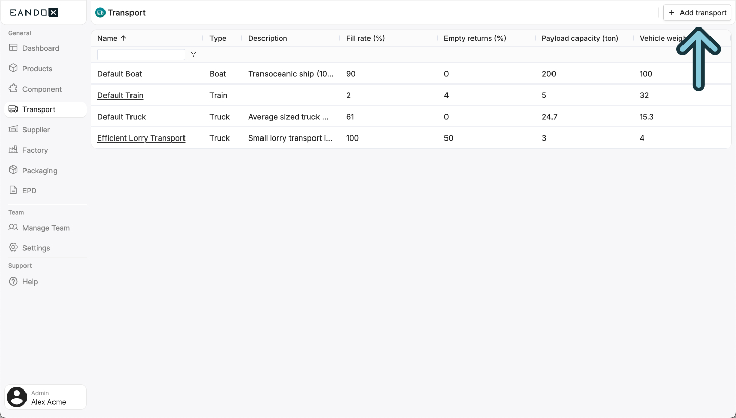 Image of the transport page with the create transport button