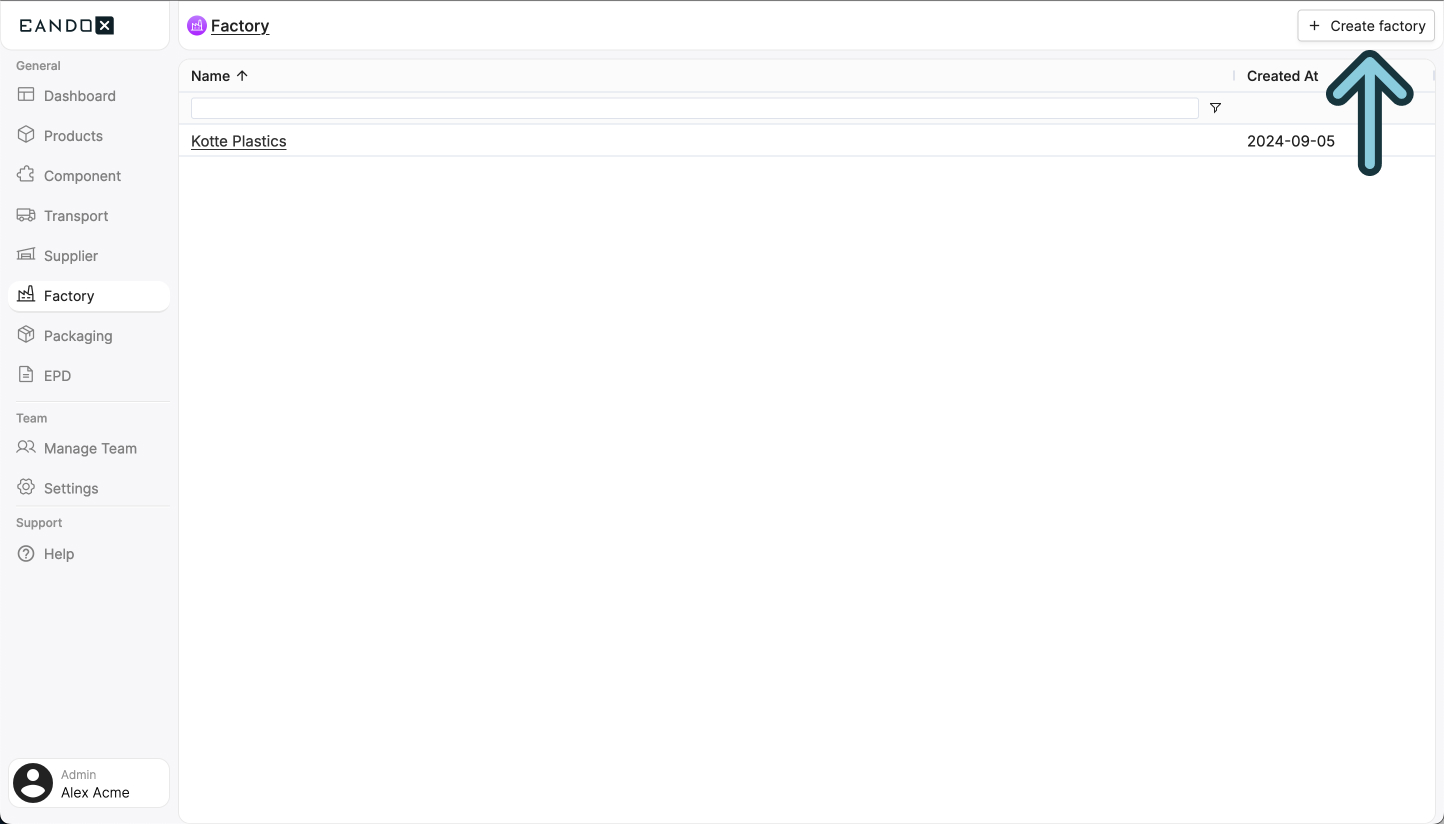 Image of the factories page with the create factory button