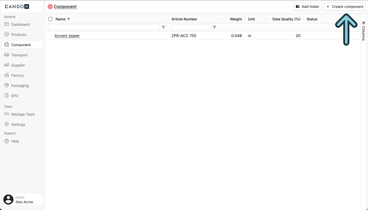 Image of the components page with the create component button