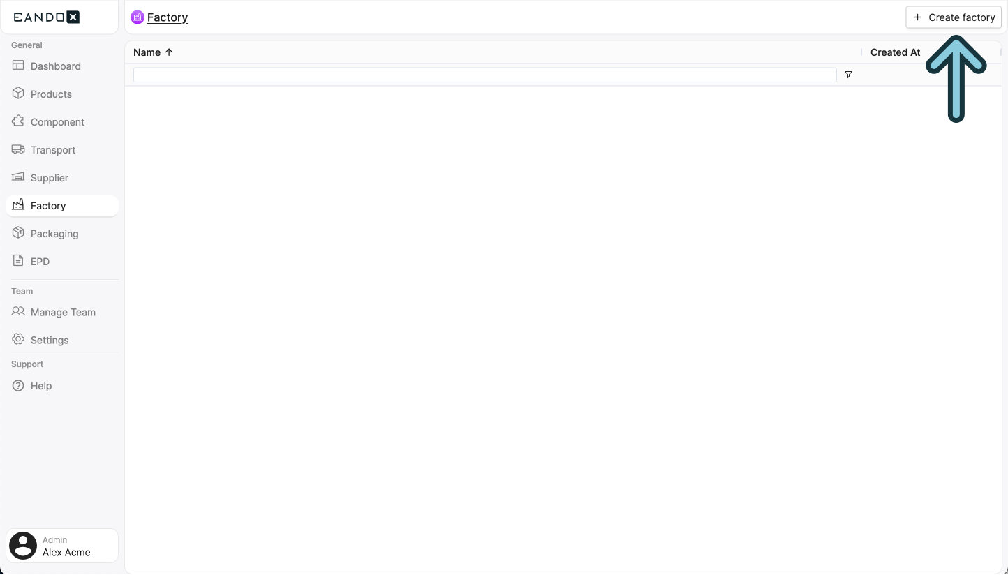 Image of the factories page with the create factory button