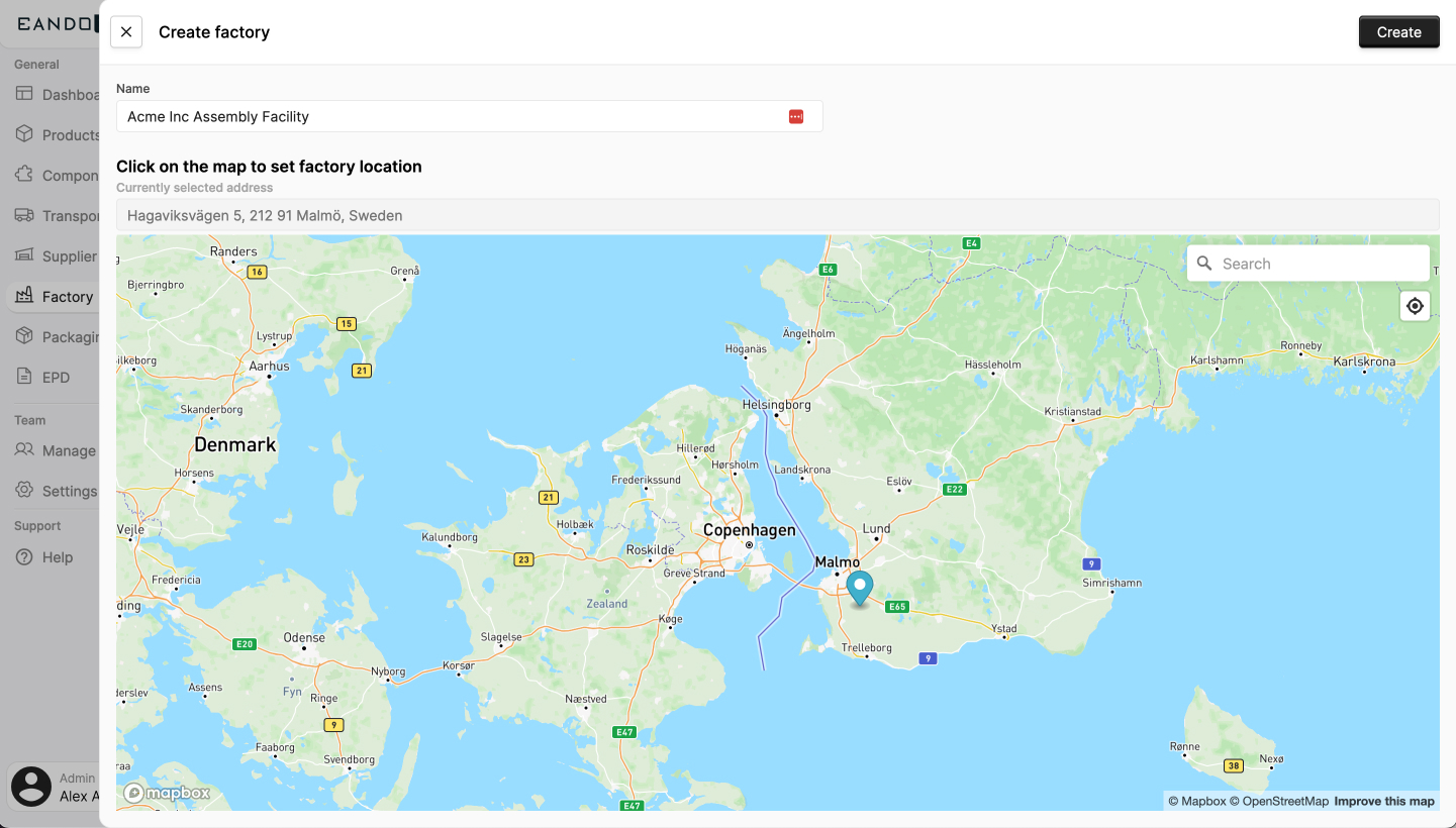 Image of the factory creation sidepanel