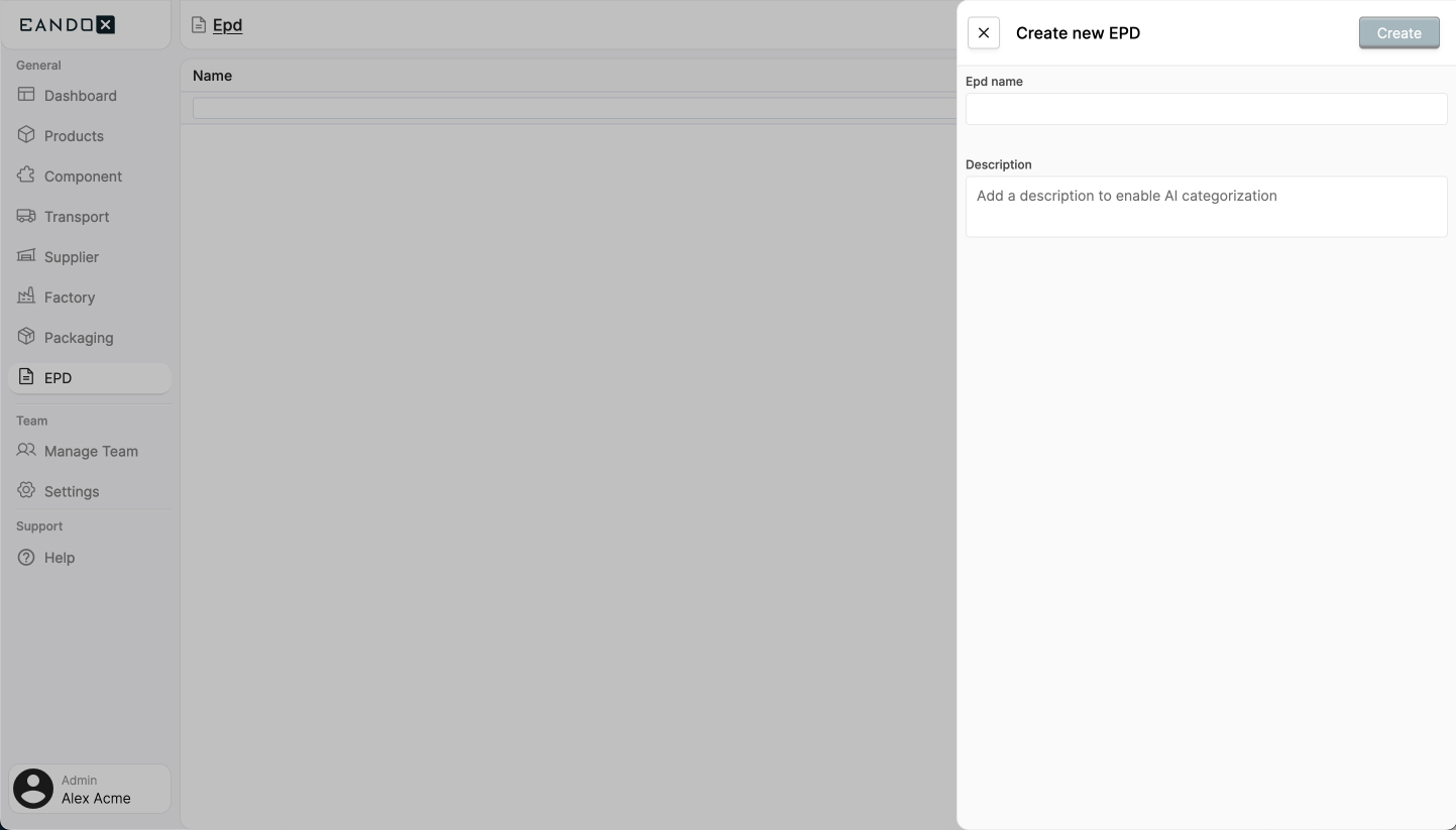 Image of the EPD creation sidepanel