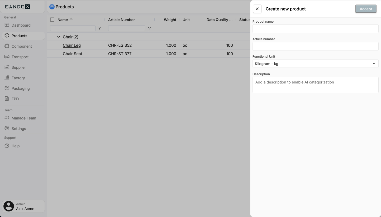 Image of the product creation sidepanel