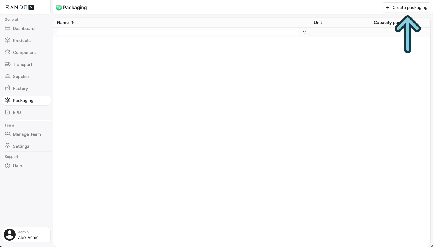 Image of the packaging page with the create packaging button
