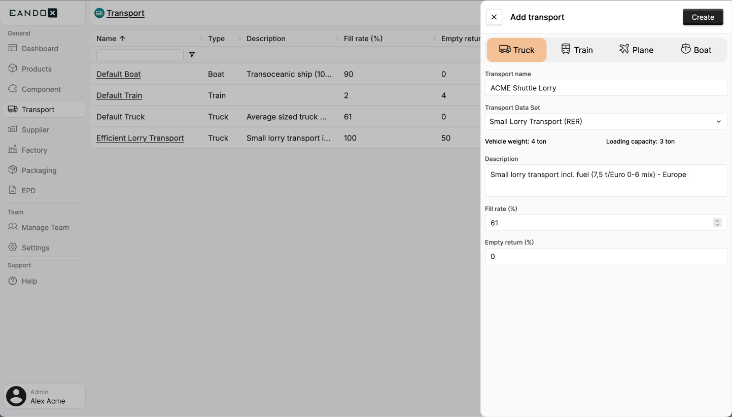 Image of the transport creation sidepanel