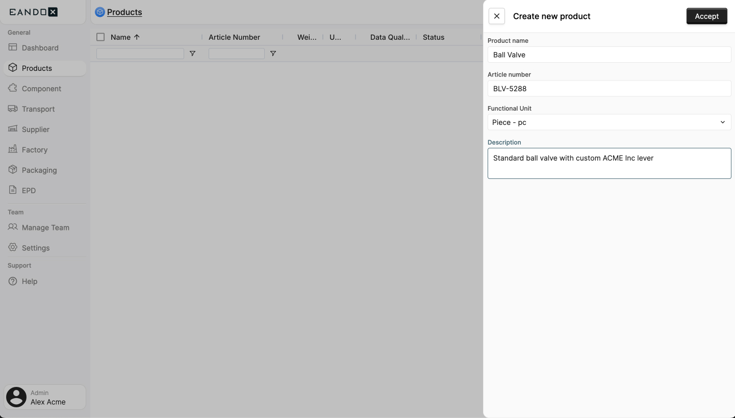 Image of the product creation sidepanel