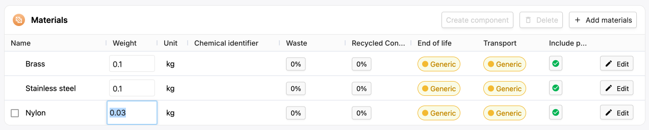 Image of the materials table with correct weight