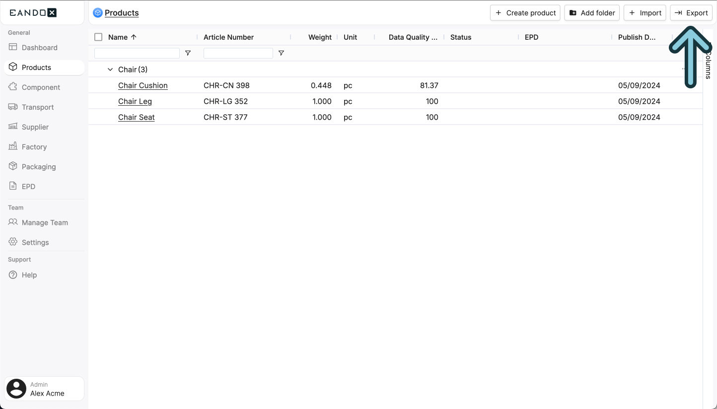 Image of the export products button
