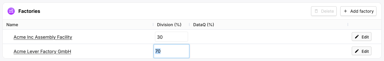 Image of the factories table with the division filled out