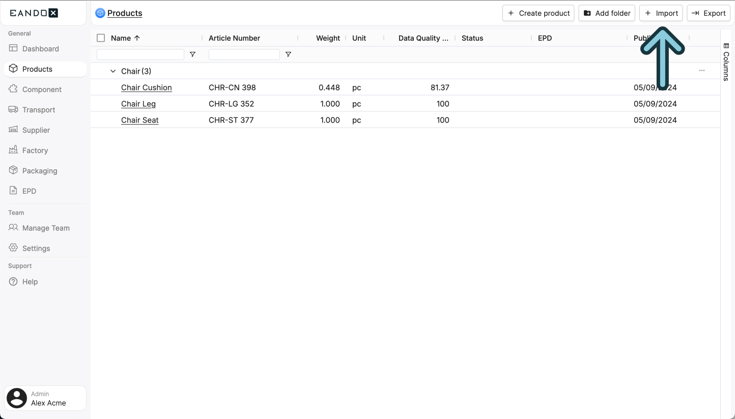 Image of the import products button